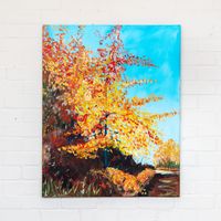 painting-landscape-forest-tree-fall-autumn-orange-red-leafs-blue-sky-cutout