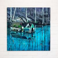 painting-landscape-water-river-bird-house-forest-100cm-by-100cm